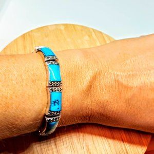 Stabilized Turquoise 11x7mm & Marcasite 925 Sterling Silver Bracelet 7"‎